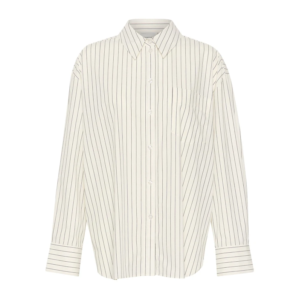 Gestuz Women's Multicolor Shirts, M, White Pinstripe Oversized Shirt