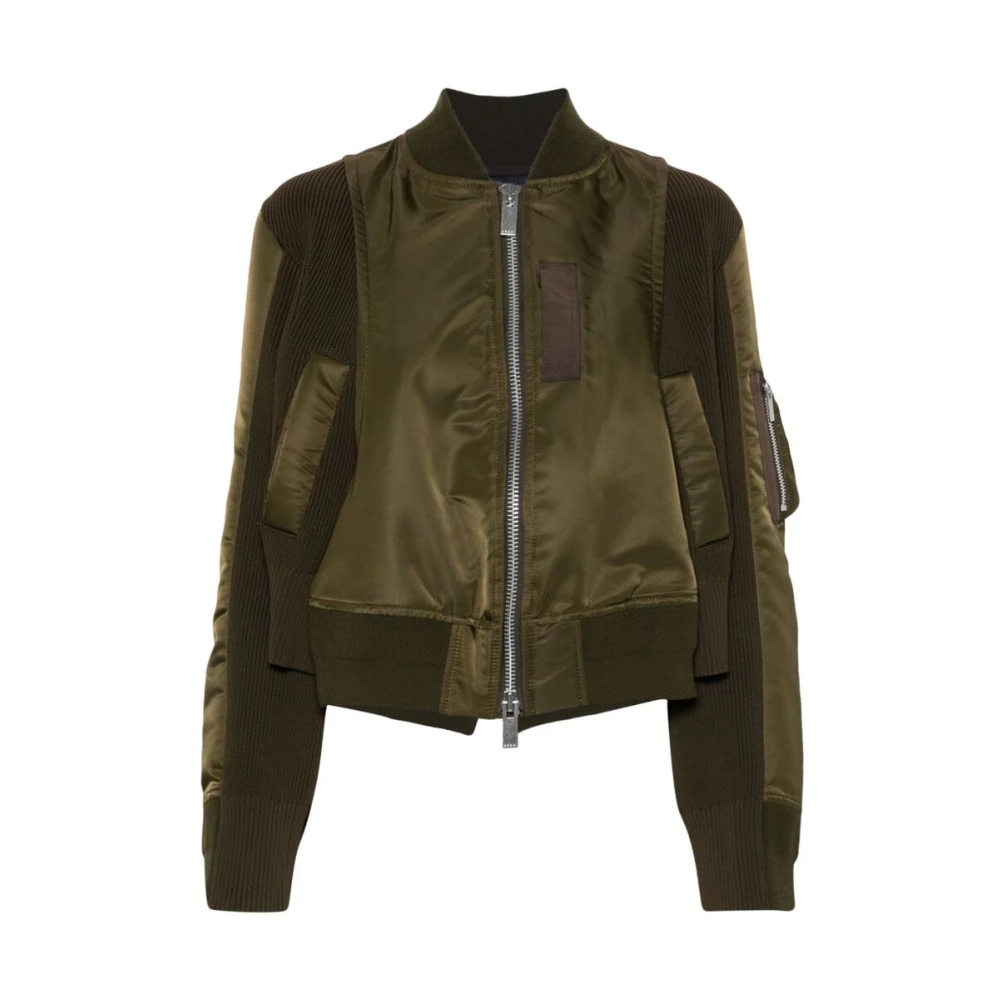 Sacai Groene Gebreide Panelen Gewatteerde Jas Green Dames