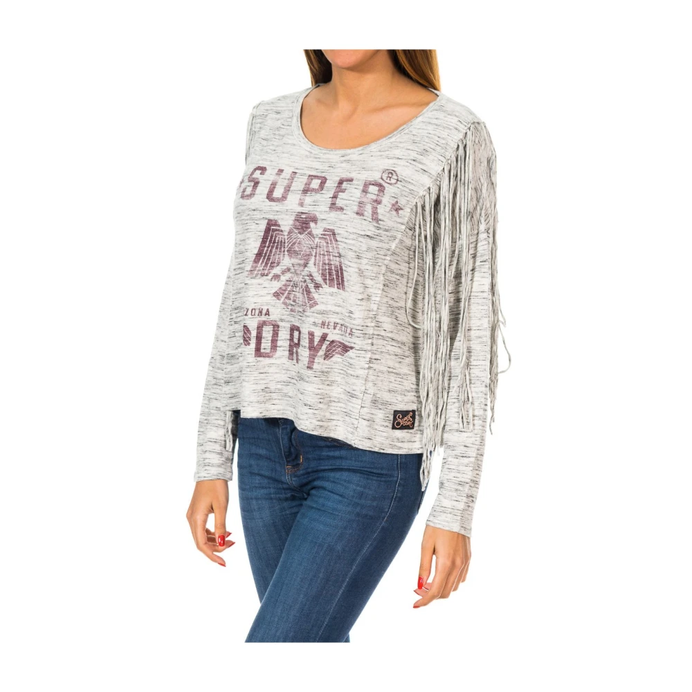 Superdry Women's Gray Long Sleeve T-Shirts, S, Round Neck Lace Detail Long Sleeve Jersey