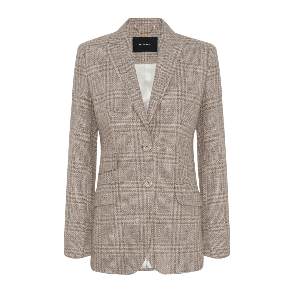 Kiton Wollen Glen Plaid Blazer Beige Dames