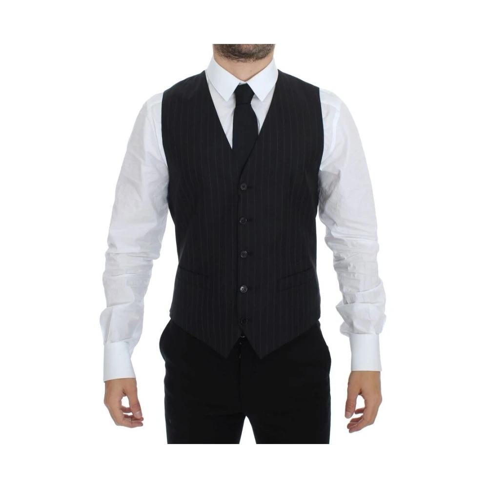 Dolce & Gabbana Men's Black Chic Striped Wool Silk Dress Vest