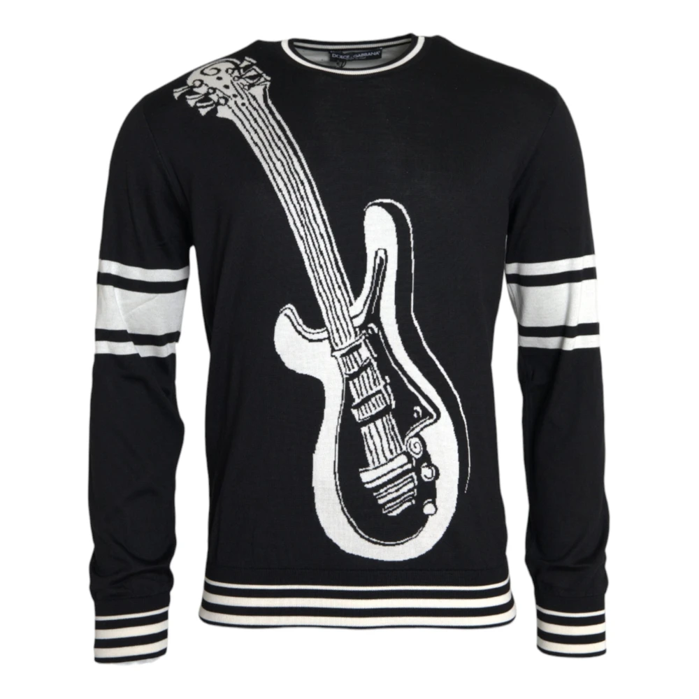 Dolce & Gabbana Black White Guitar Print Silk Jumper - Male - Round-Neck Knitwear - M - Knitwear