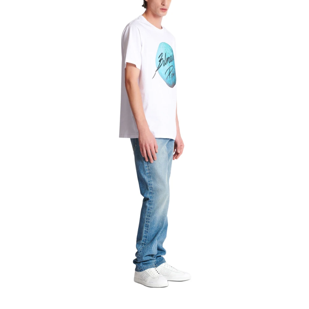 Balmain Bedrukt Paris-logo en planeet T-shirt White Heren