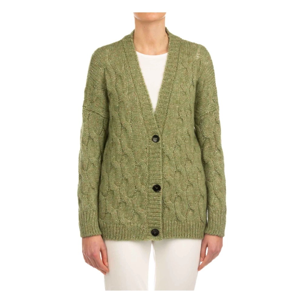 Grønn Melange Flettestrikket Cardigan