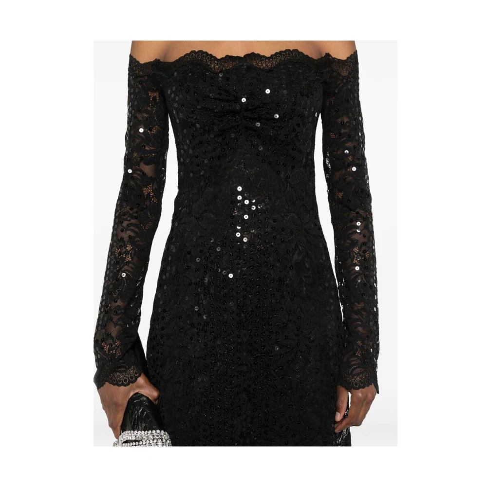 Paco Rabanne Zwarte Kant Paillet Off-Shoulder Jurk Black Dames