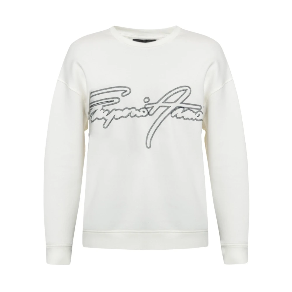 Emporio Armani Men's Beige Sweatshirts,, Logo Sweatshirt, Cream Crewneck, Cotton, Czarny Embroidery Extra Large