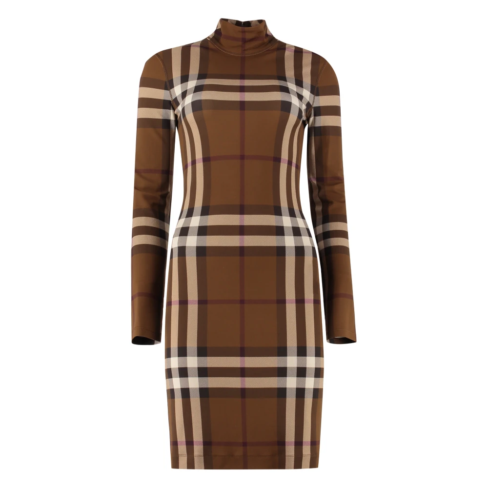 Burberry Turtleneck Geruite Mini Jurk Brown Dames