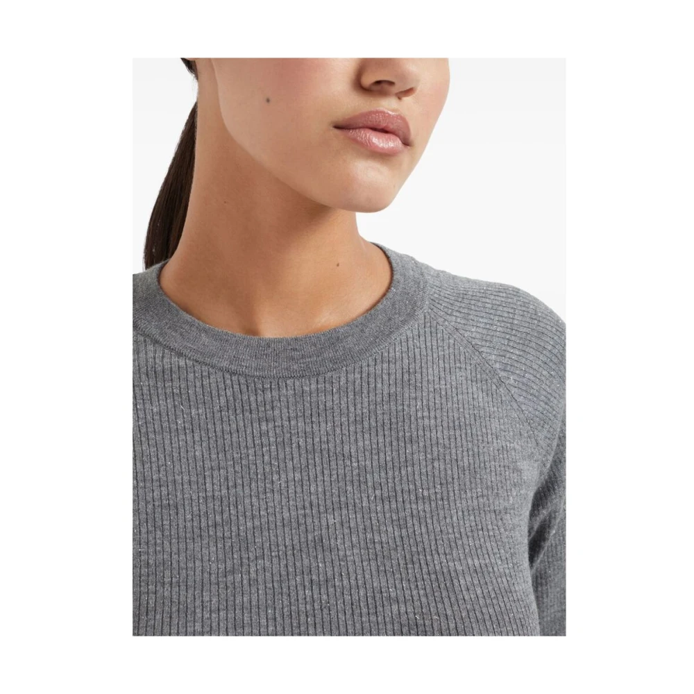 BRUNELLO CUCINELLI Grijze Geribbelde Trui Met Ronde Hals Gray Dames