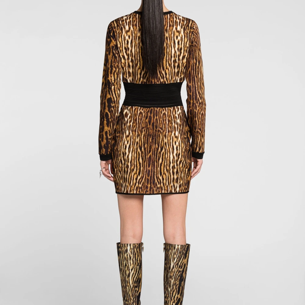 Roberto Cavalli Ocelot-Print Mini Jurk met Gehaakte Randen Brown Dames