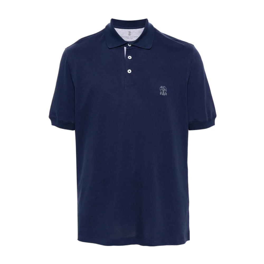 BRUNELLO CUCINELLI Navy Blue Logo Print T-shirts en Polos Blue Heren