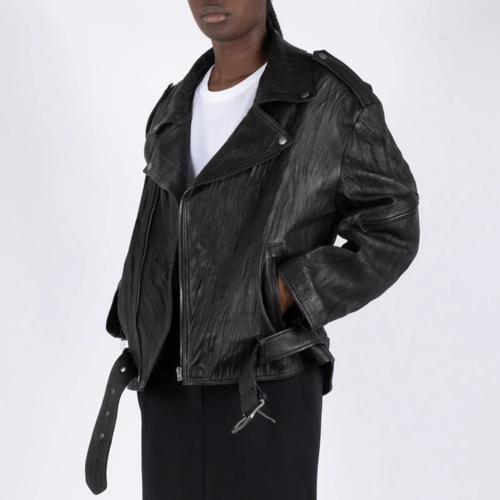 Acne Studios Verweerde Leren Bikerjas Black Dames