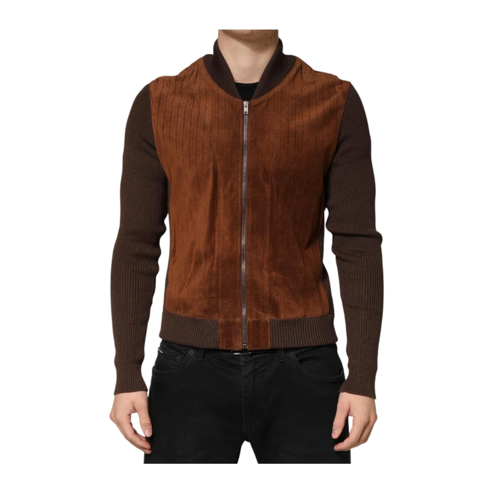Dolce & Gabbana Men's Brown Velvet Calfskin Full Zip Biker Jacket