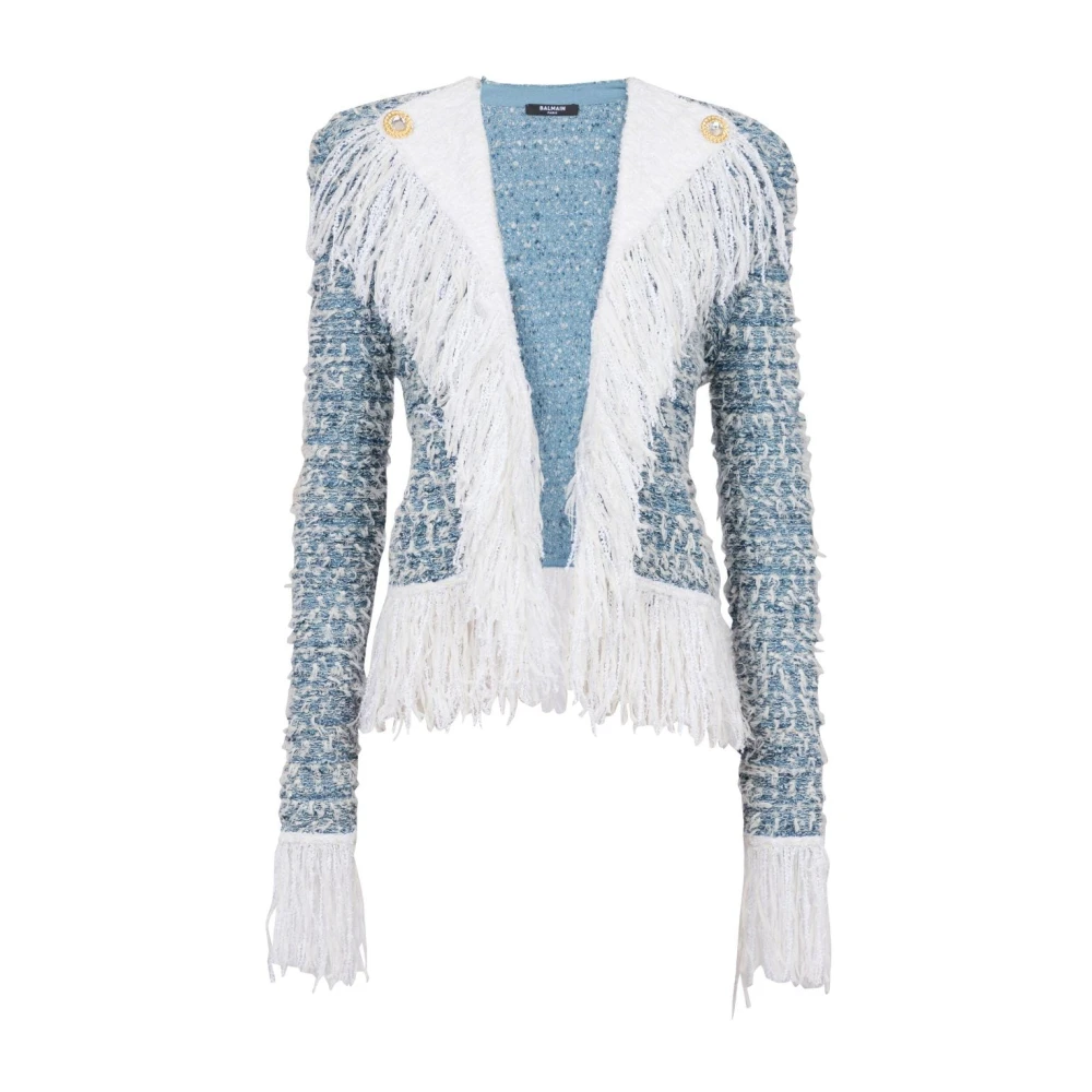 Balmain Women's Blue V-Neck Fringed Edge Tailored Jacket - Tweed Jackets - M - Jackets
