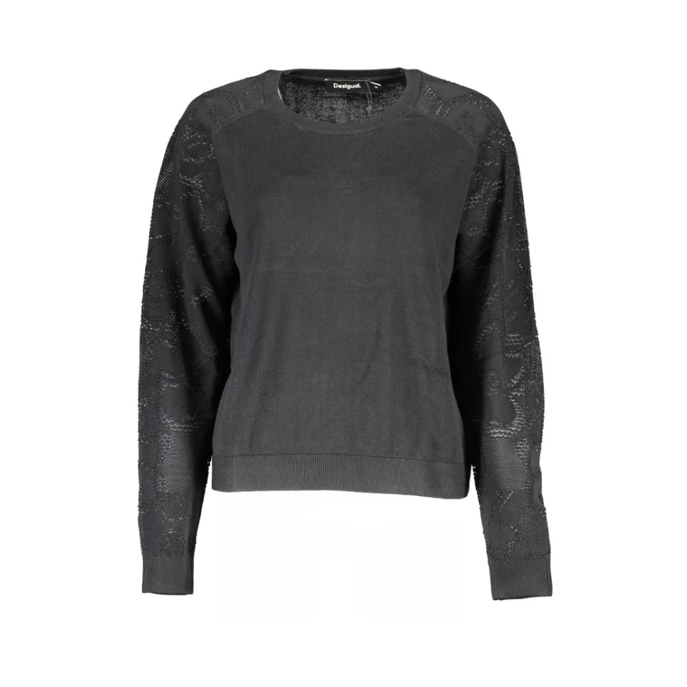 Desigual Women's Black Cotton Jumper, Round Neck, Contrast Details Medium
