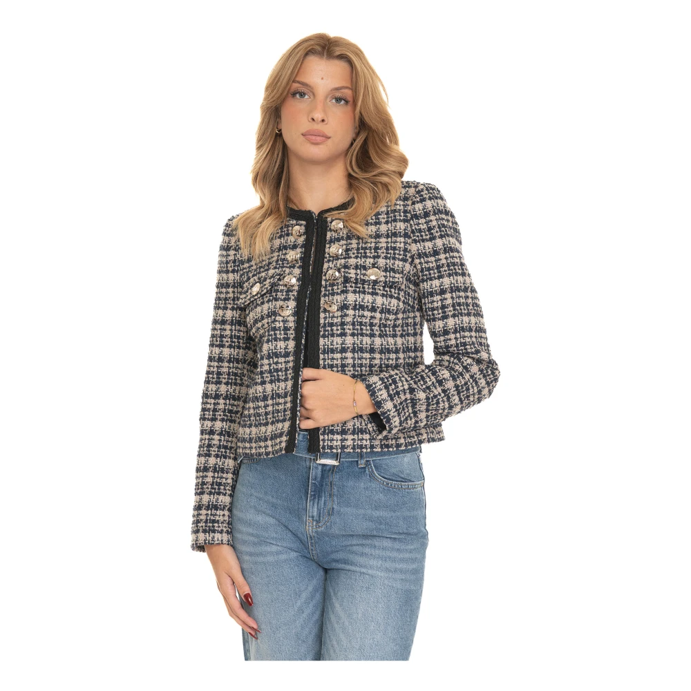 Liu Jo Geruite Bouclé Jas met Logoknoop Gray Dames