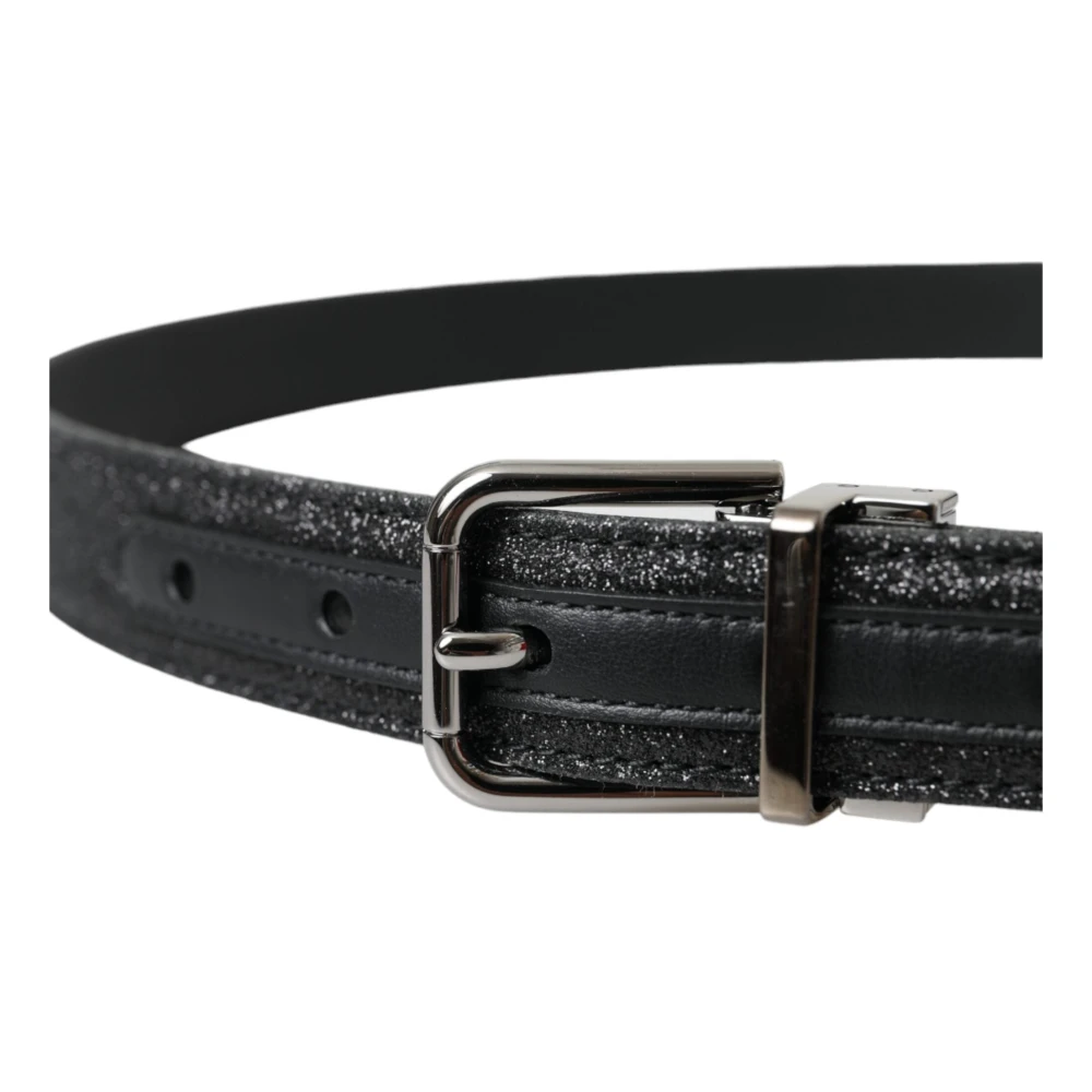 Dolce & Gabbana Zwarte Glitterleren Riem met Zilveren Gesp Black Dames