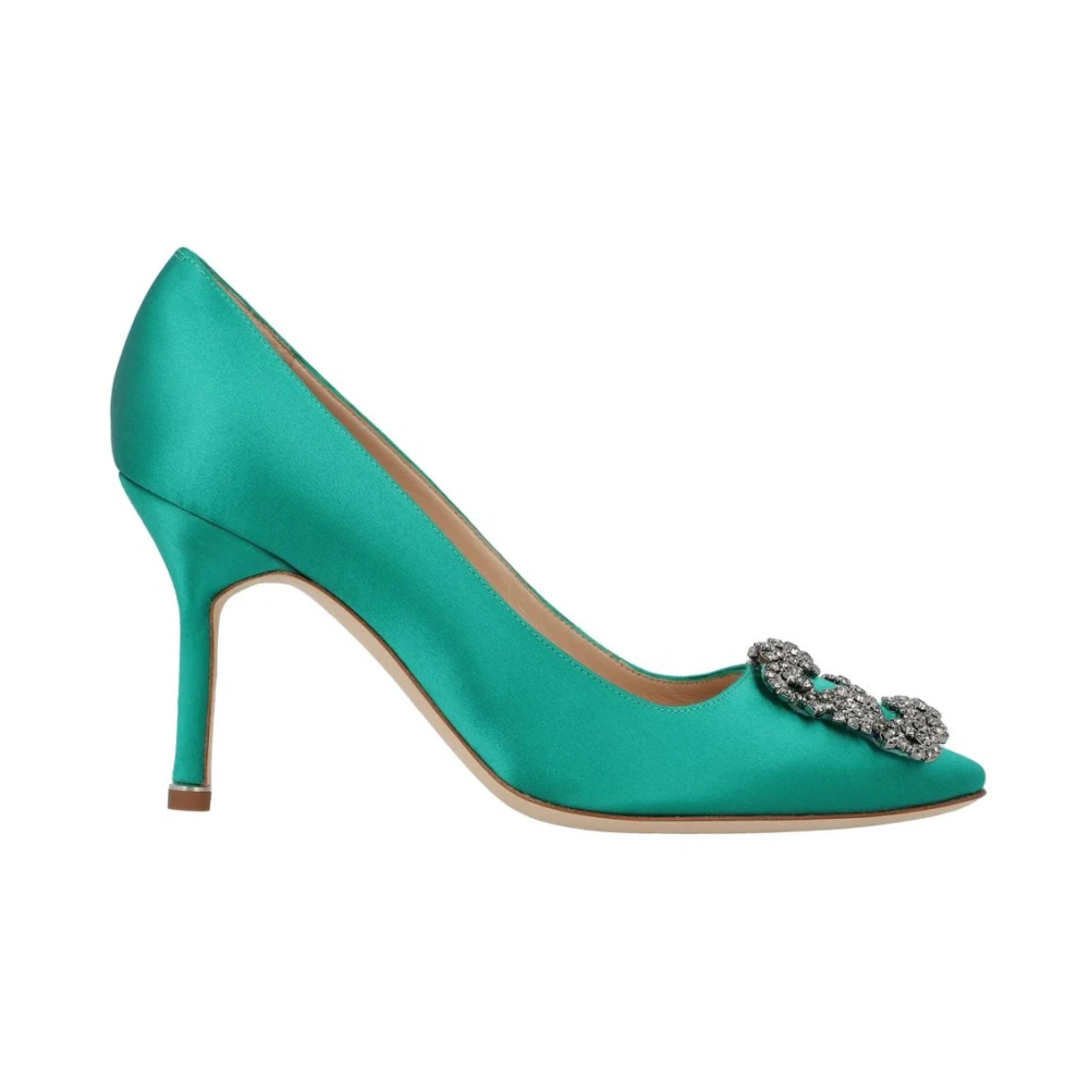 Manolo Blahnik Women's Green Pumps, 2 Uk, Crystal Buckle Satin Pumps