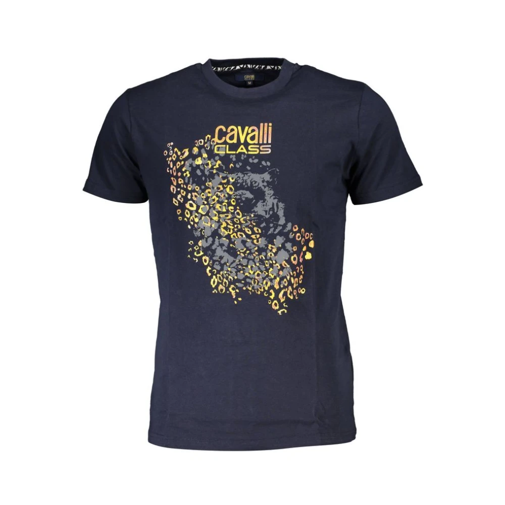 Cavalli Class Men's Blue Print Logo Round Neck T-Shirt