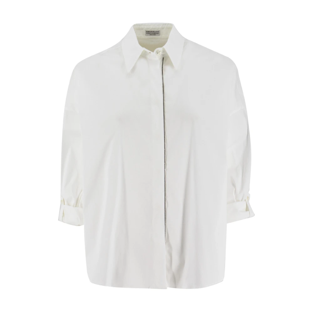 BRUNELLO CUCINELLI Stretch katoenen popeline overhemd met juweelborduurwerk White Dames