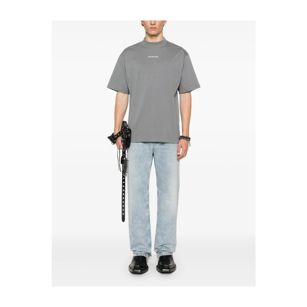 Balenciaga Grijze Logo Print Katoenen T-shirt Gray Heren