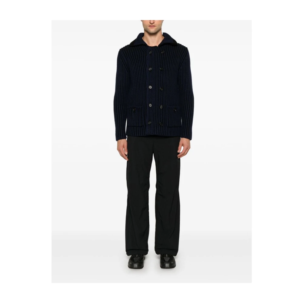 add Blauwe Geribbelde Gebreide Double-Breasted Jas Blue Heren