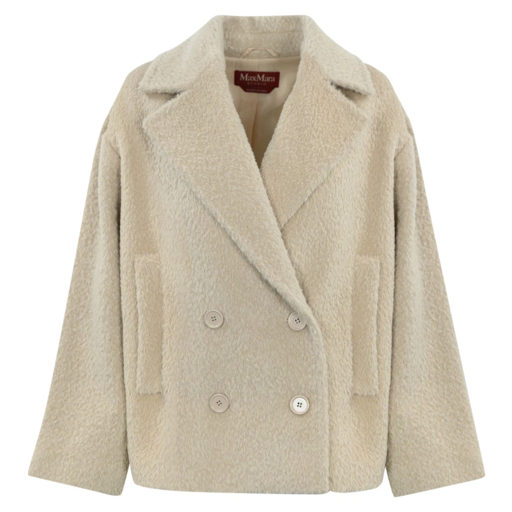 Max Mara Studio Dubbelbreasted Alpaca en Wollen Jas Beige Dames