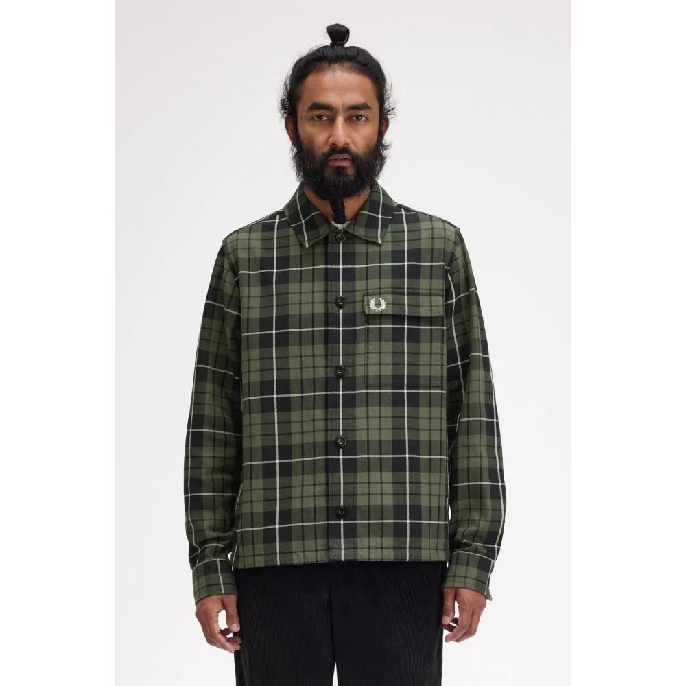 Fred Perry Geruite katoenen overhemd met opgestikte zakken Green Heren