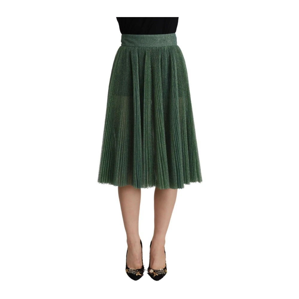 Dolce & Gabbana Women's Green Metallic Pleated A-Line Midi Skirt