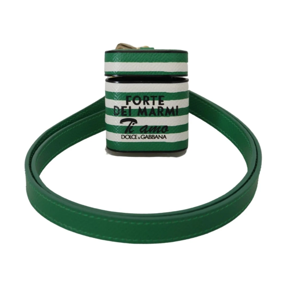 Dolce & Gabbana Groen Leren Band Airpods Hoesje met Gouden Metalen Logo Green Dames