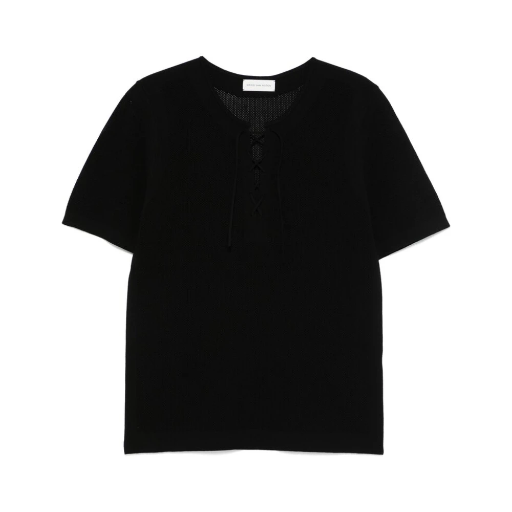 Dries Van Noten Zwarte Lace-Up Korte Mouw Sweater Black Heren