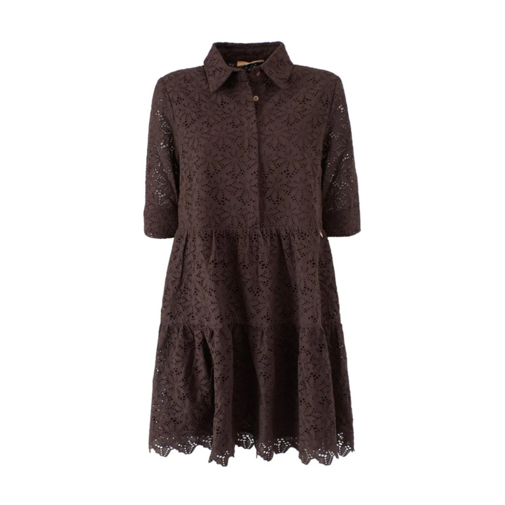 YES ZEE Bloemen Kant Chemisier Jurk met Korte Mouwen Brown Dames