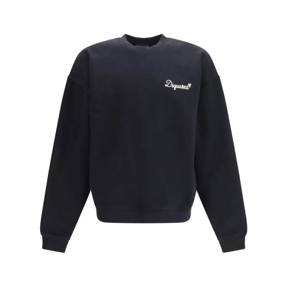 Dsquared2 Men's Black Sweatshirts, 2XL, Cotton Crewneck Sweatshirt With Ribbed Cuffs And Hem