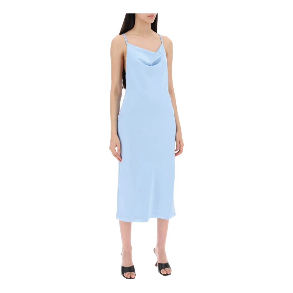 Rotate Birger Christensen Satin Midi Slip Klänning med Ring Halsringning Blue, Dam