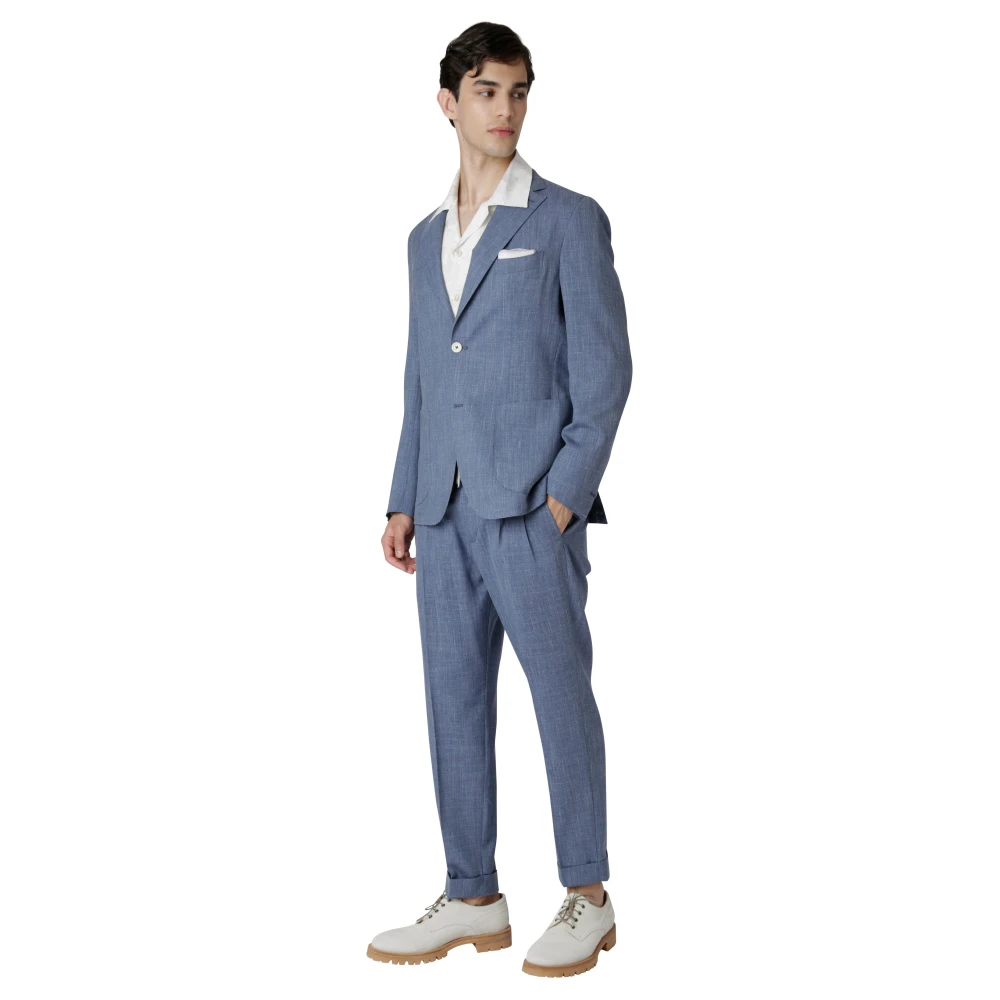 Eleventy Wol Zijde Linnen Single-Breasted Pak Blue Heren