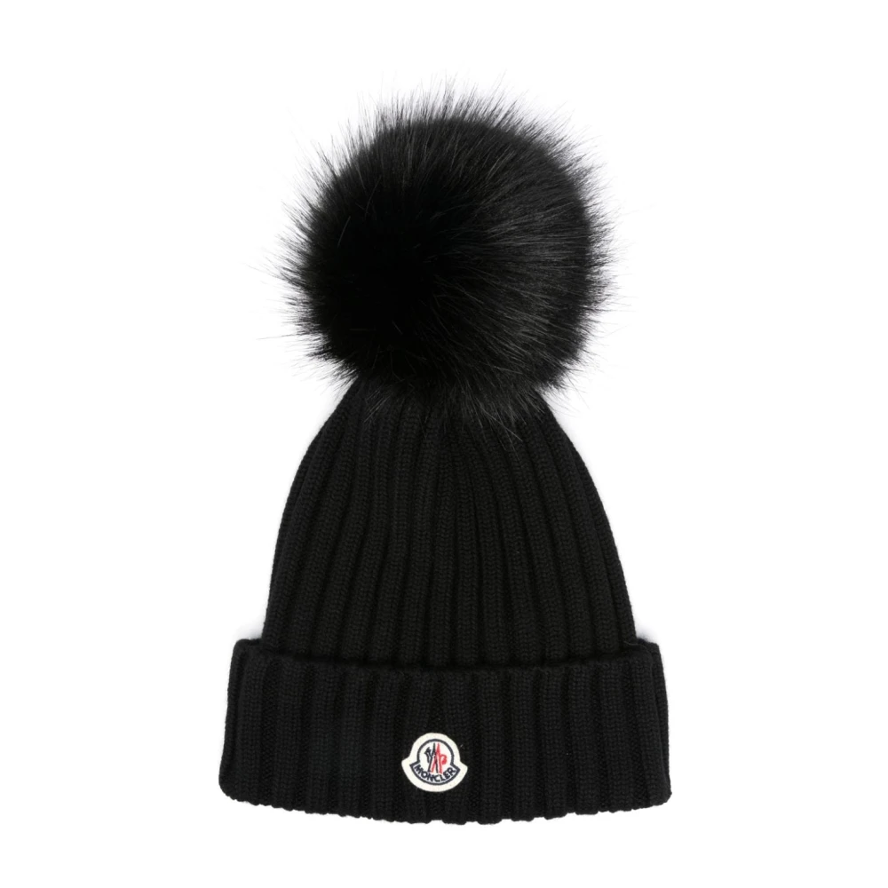 Moncler Zwarte Gebreide Pompom Muts Black Dames