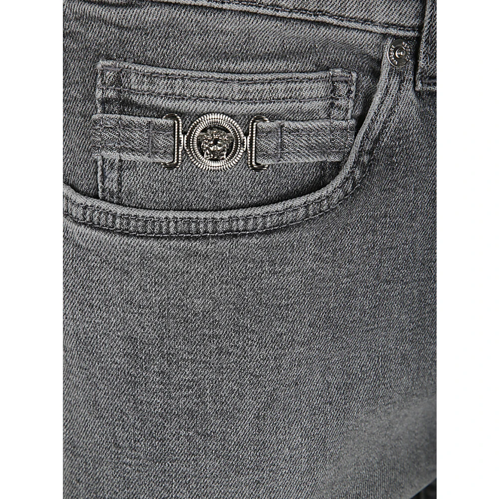 Versace Zwarte Denim Wassing Steen Grijs Broek Gray Heren