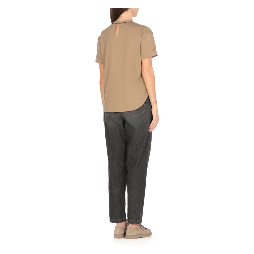 BRUNELLO CUCINELLI Beige Katoenen T-shirt met Messing Details Beige Dames