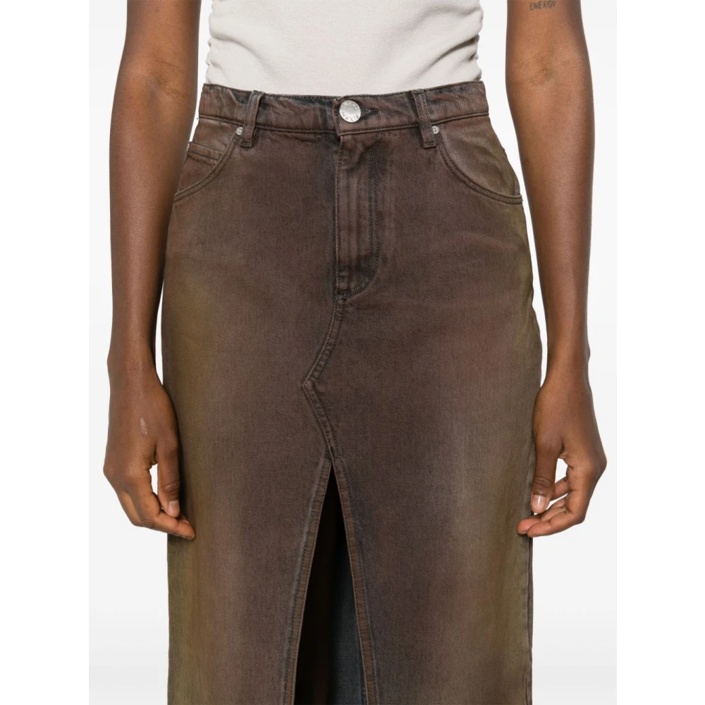 pinko Denim Midi Rok met Logo Patch Brown Dames