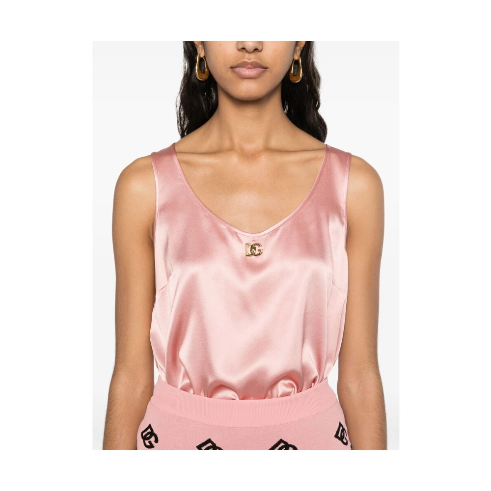 Dolce & Gabbana Zalmroze Mouwloze Top met Ronde Hals Pink Dames