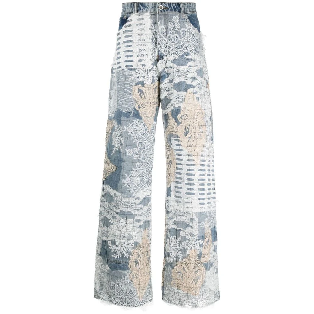Who Decides War Lichtblauwe Grid Print Wide Leg Jeans Multicolor Heren