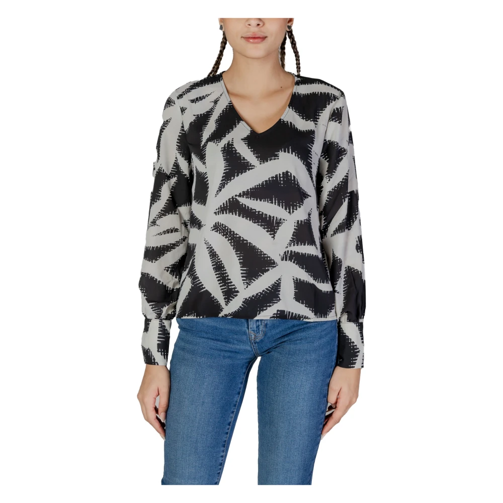 Jacqueline De Yong Women's Black Blouses, M, Geometric Print V-Neck Blouse