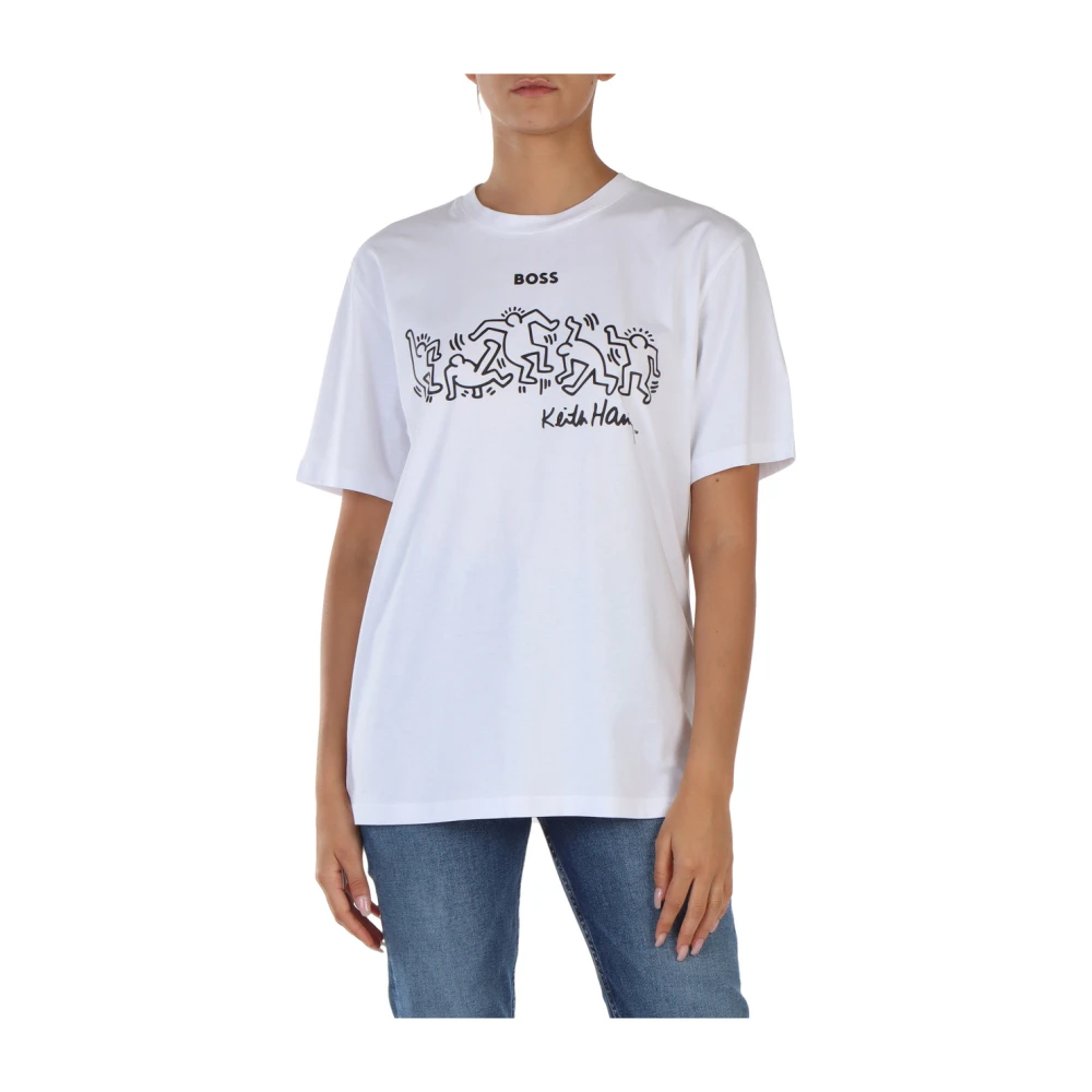 Boss Geëm eerd katoenen T-shirt met Kaith Haring Print White Dames