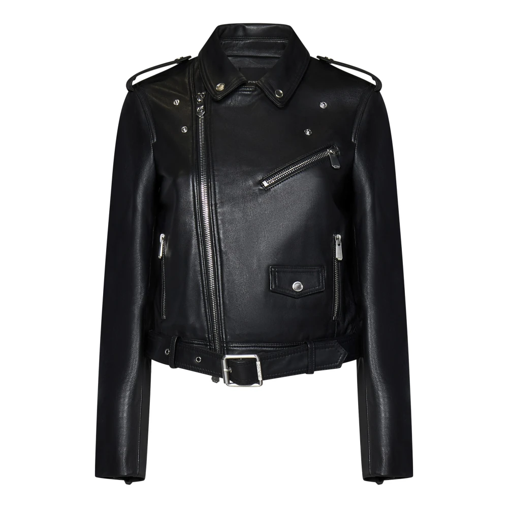 pinko Zwarte Leren Bikerjas Aw24 Black Dames