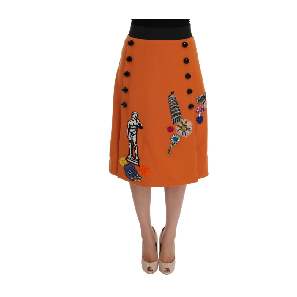 Dolce & Gabbana Women's Orange Midi Skirts, 2XS, Wool Crystal Sequin Appliques Skirt
