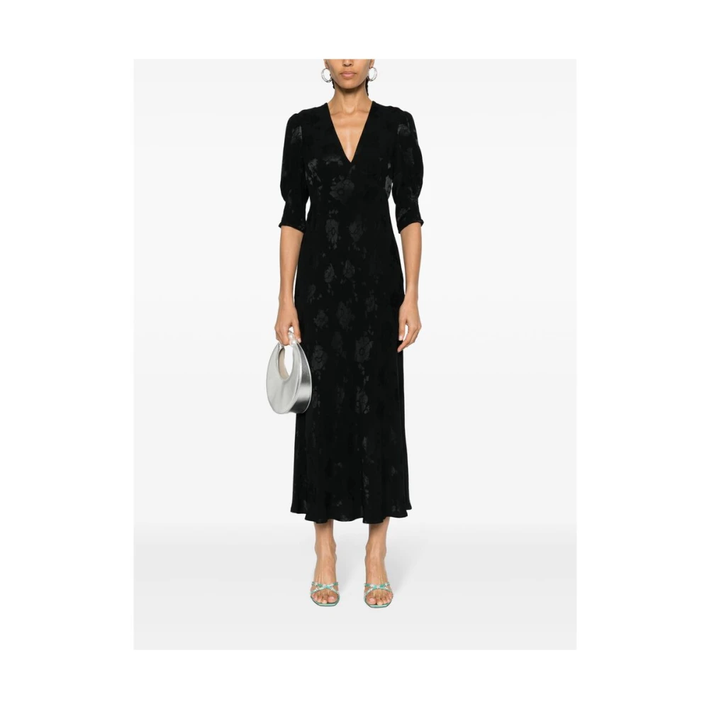 Rixo Zwarte klaprozenprint V-hals jurk Black Dames