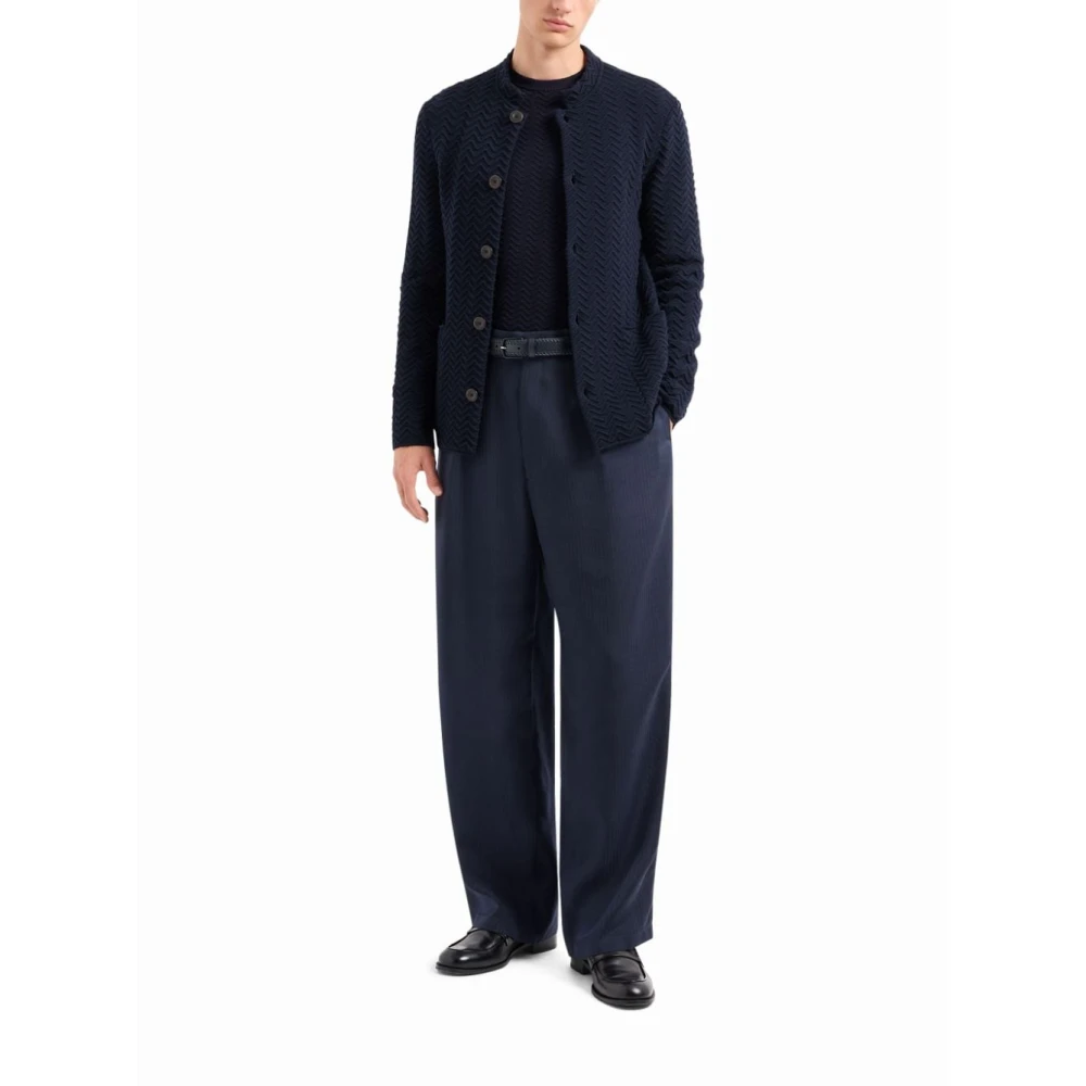 Giorgio Armani Blauwe Wollen Blend Geborduurde Jas Blue Heren