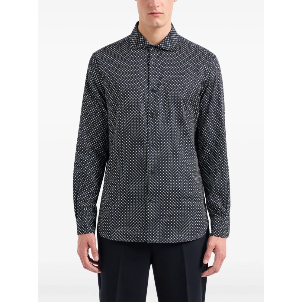 Emporio Armani Logo Print Zwart Overhemd Klassieke Kraag Black Heren