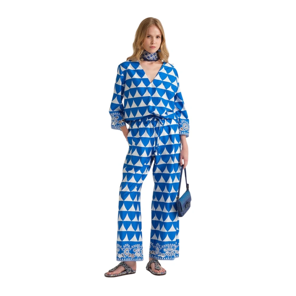 Maliparmi Blue Wide Trousers, Female, M, Optical Broderie Trousers