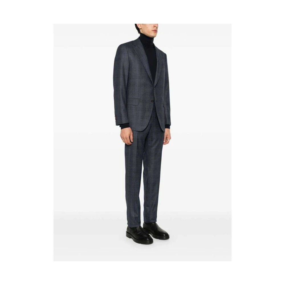 Caruso Navy Blue Wool Plaid Check Suit Blue Heren
