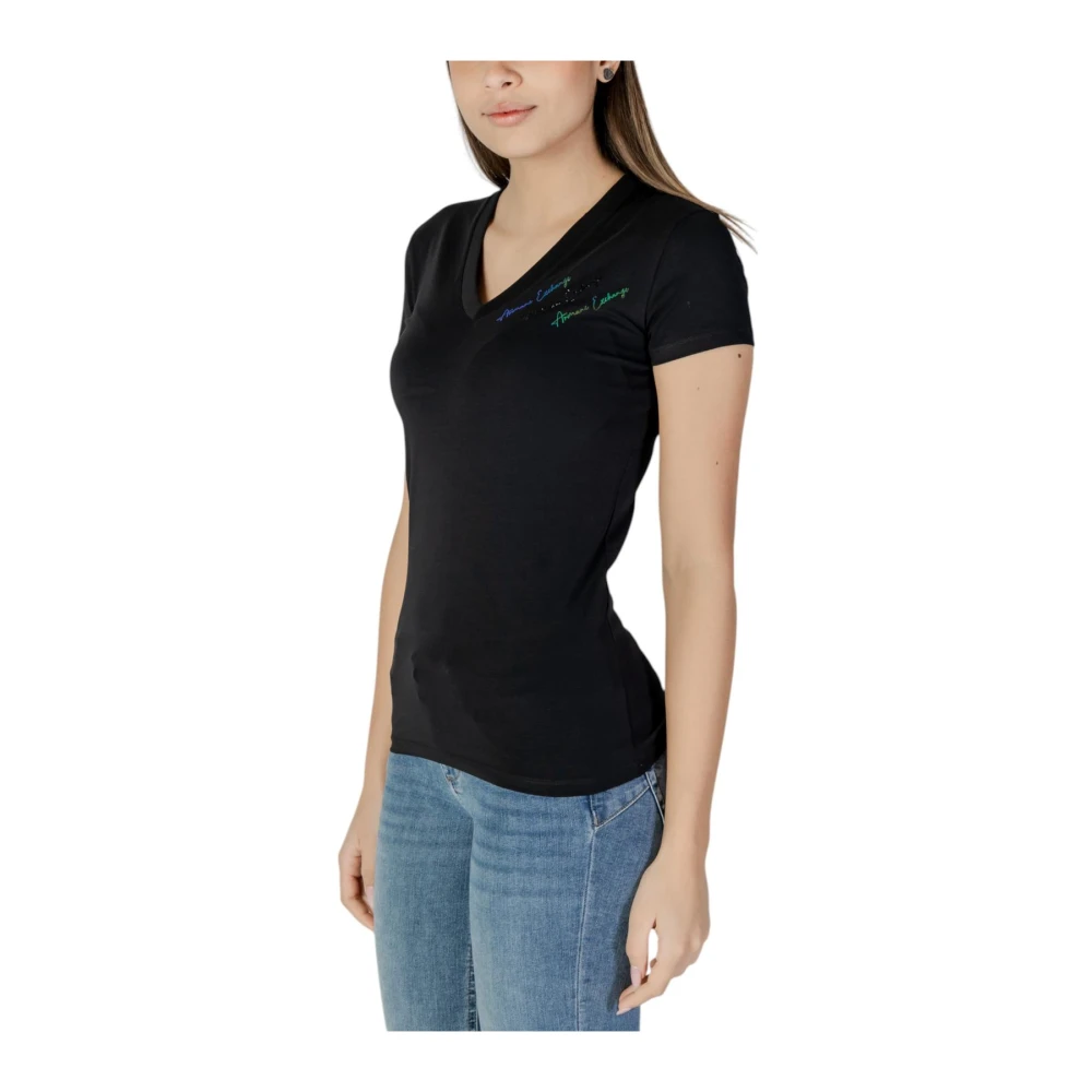 Armani Exchange Zwarte V-Hals Katoenen T-Shirt Black Dames